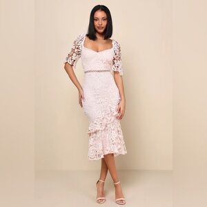 NWT Lulus Briarwood Blush Pink Lace Ruffled Midi Dress Size Large